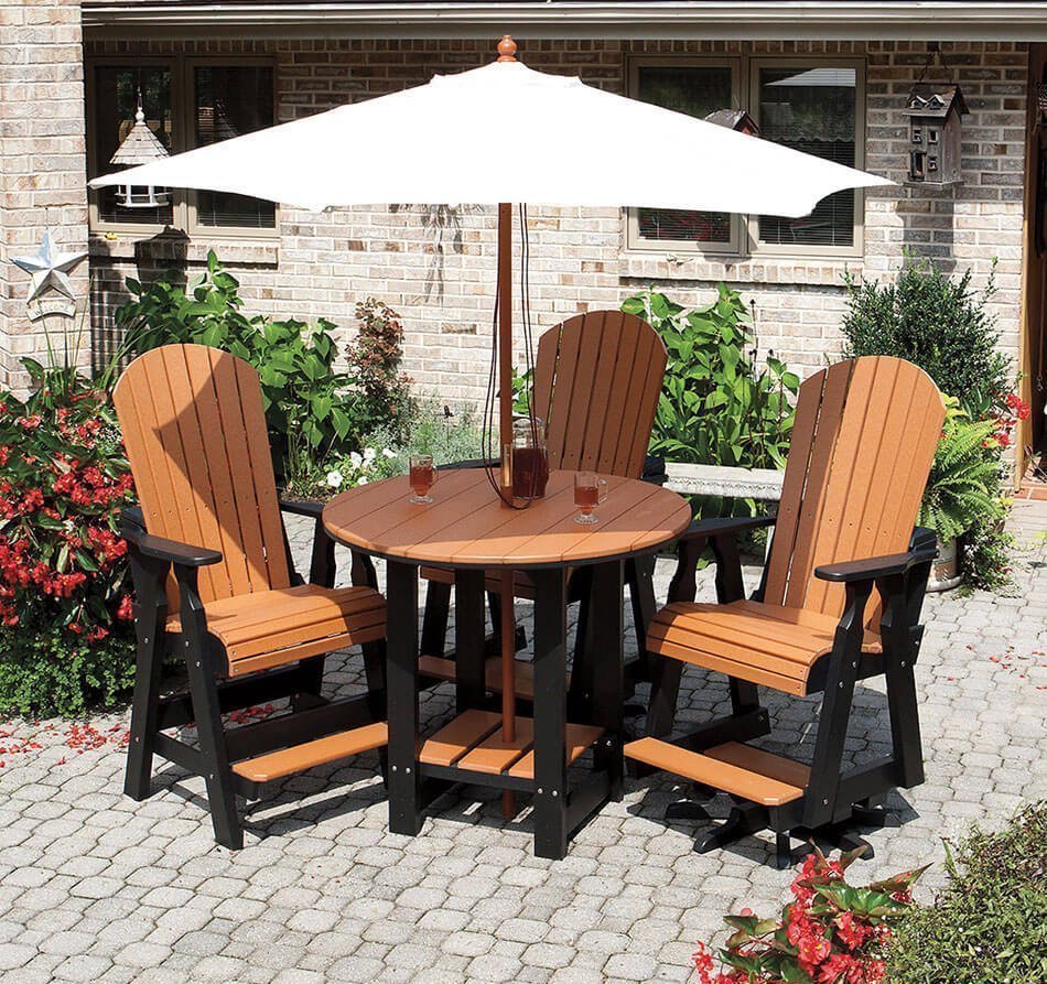 Pub table & chairs Poly pub table with three chairs and umbrella.