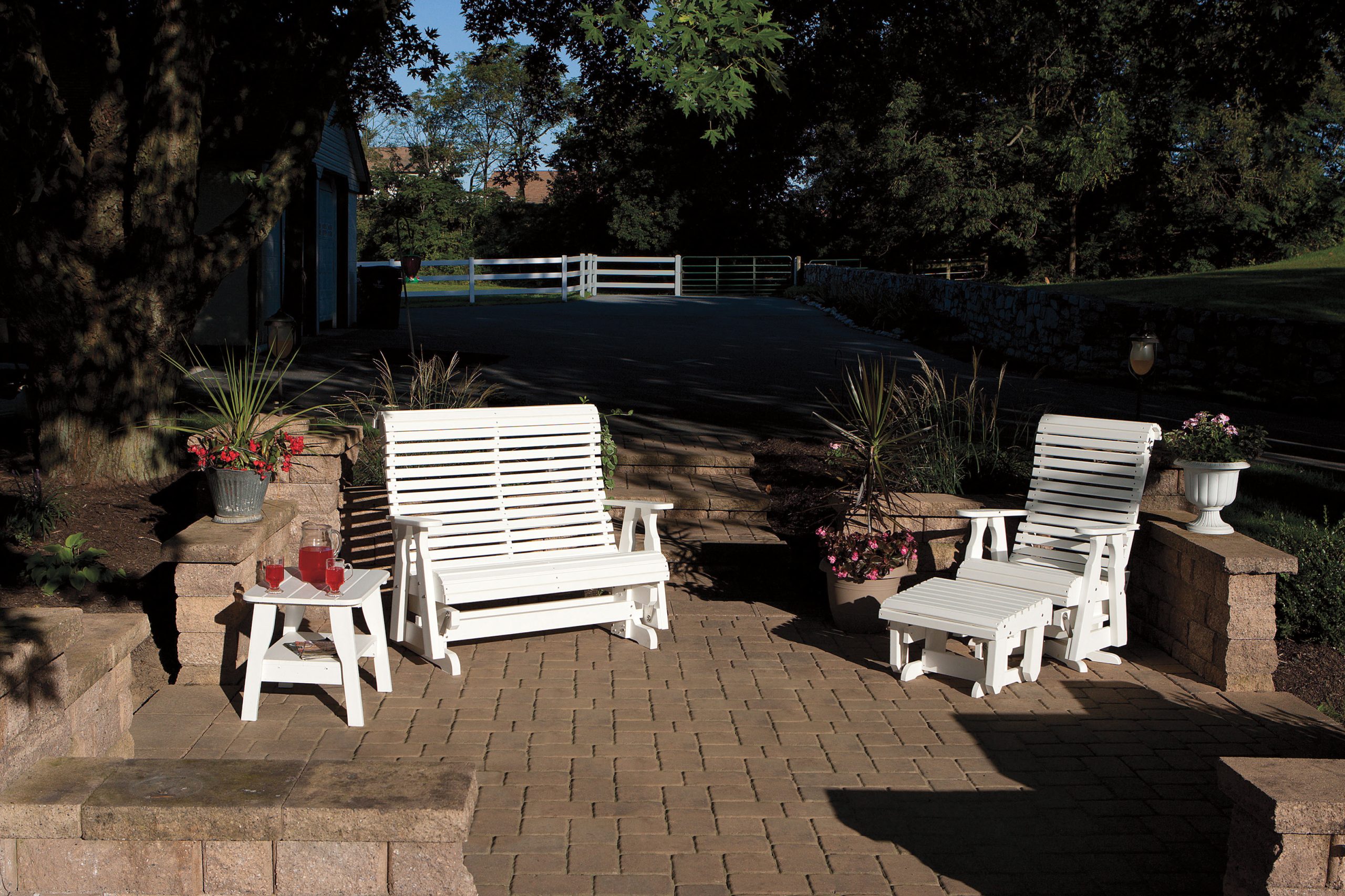Poly roll back patio set with gliders, bench and tables