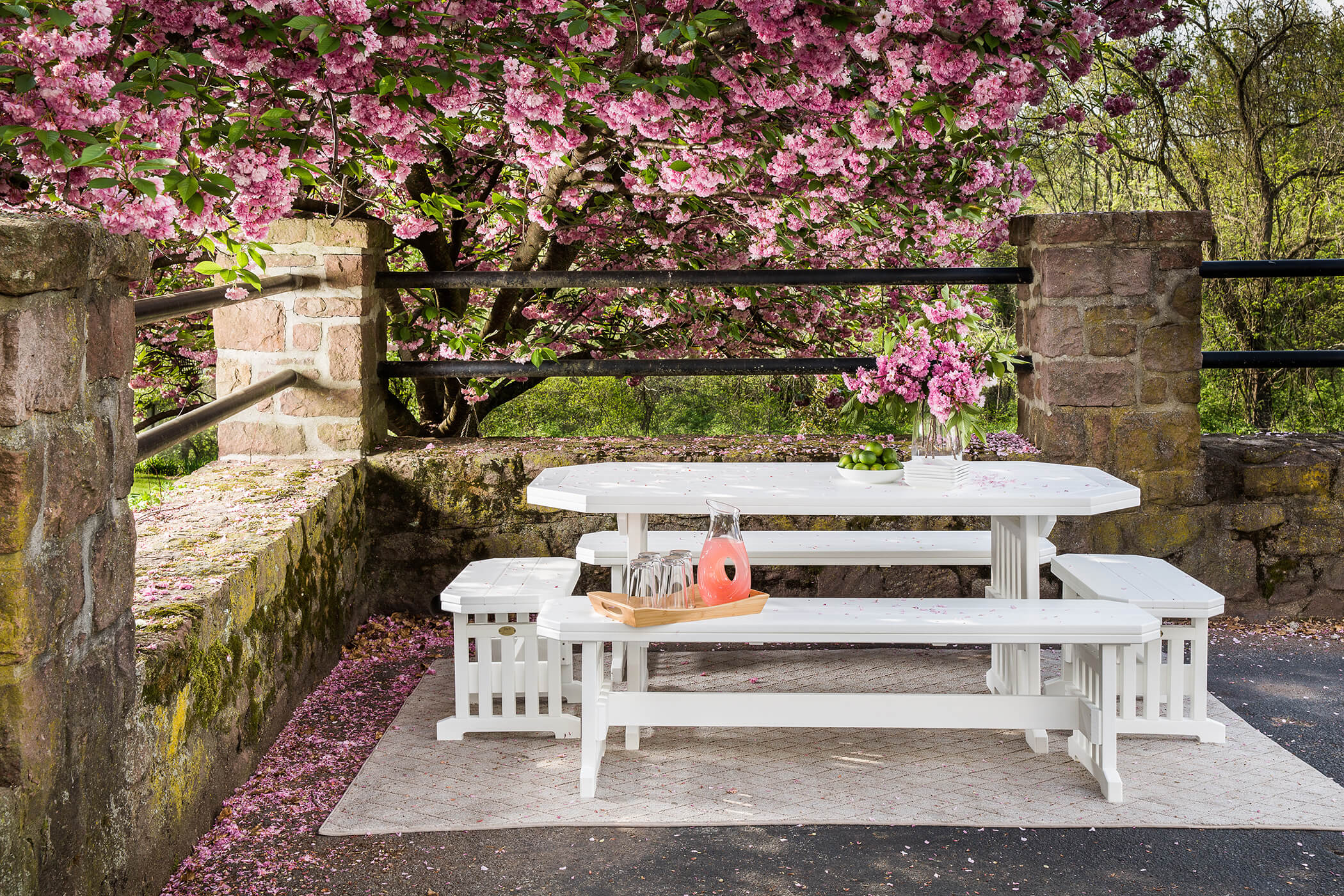 Picnic Table Picnic table with attached benches under tree.