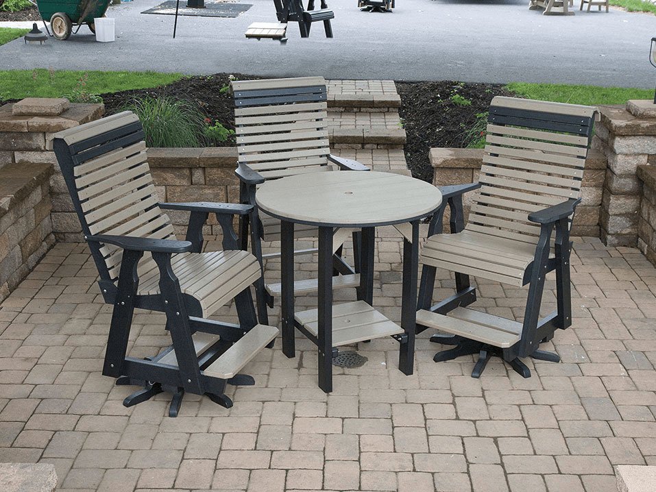 Poly roll back pub chairs with settee table in weathered wood and black